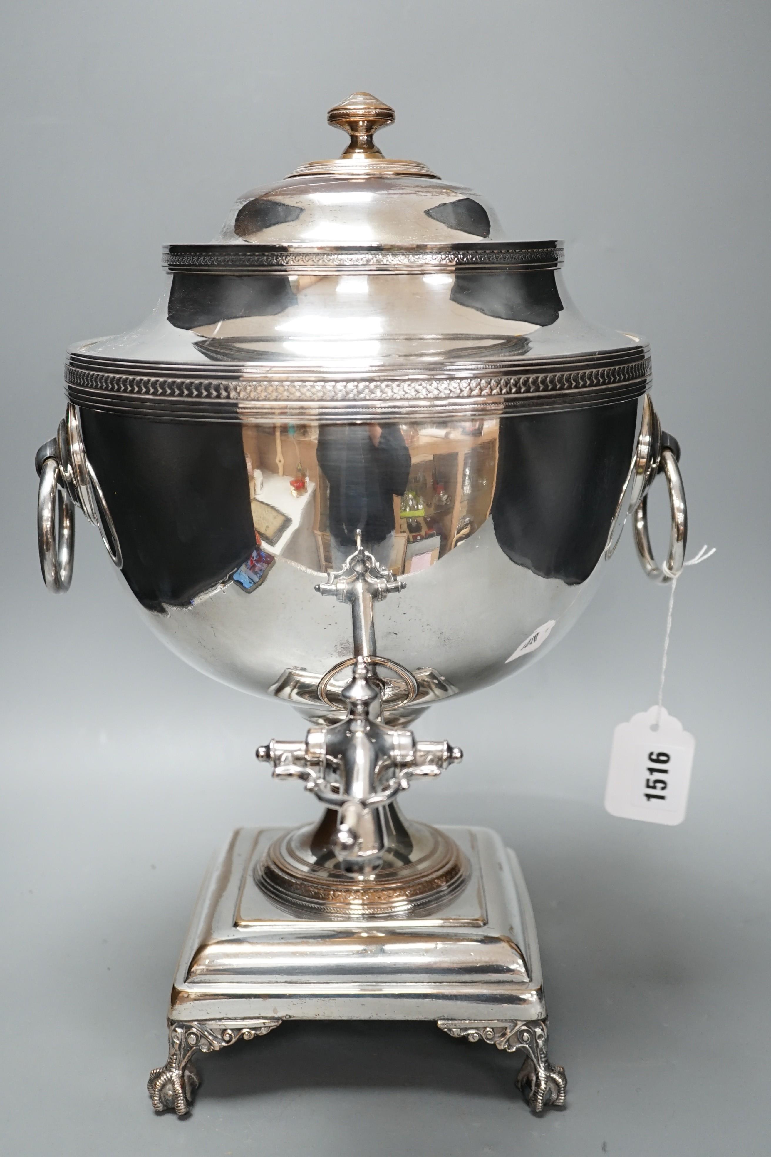 A 19th century silver plated tea urn, 43cms